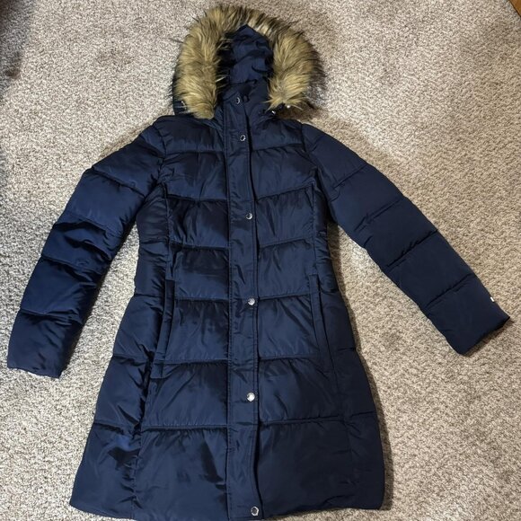 Tommy Hilfiger Coat Womens XS Navy Puffer Parka Faux Fur Hood Long Quilted Warm - Picture 1 of 10